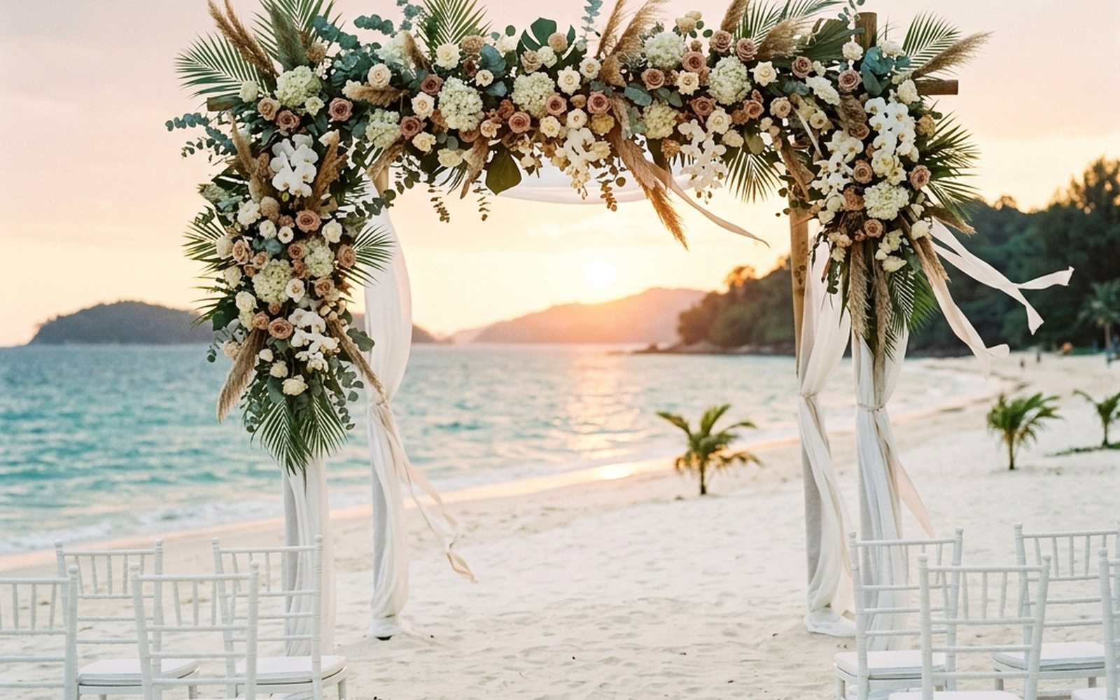Beach wedding ceremony arch at sunset in Phuket