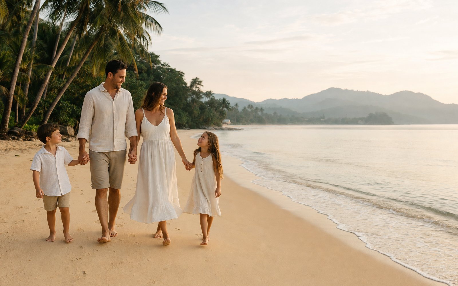 Family photoshoot on a quiet Phuket beach at sunrise