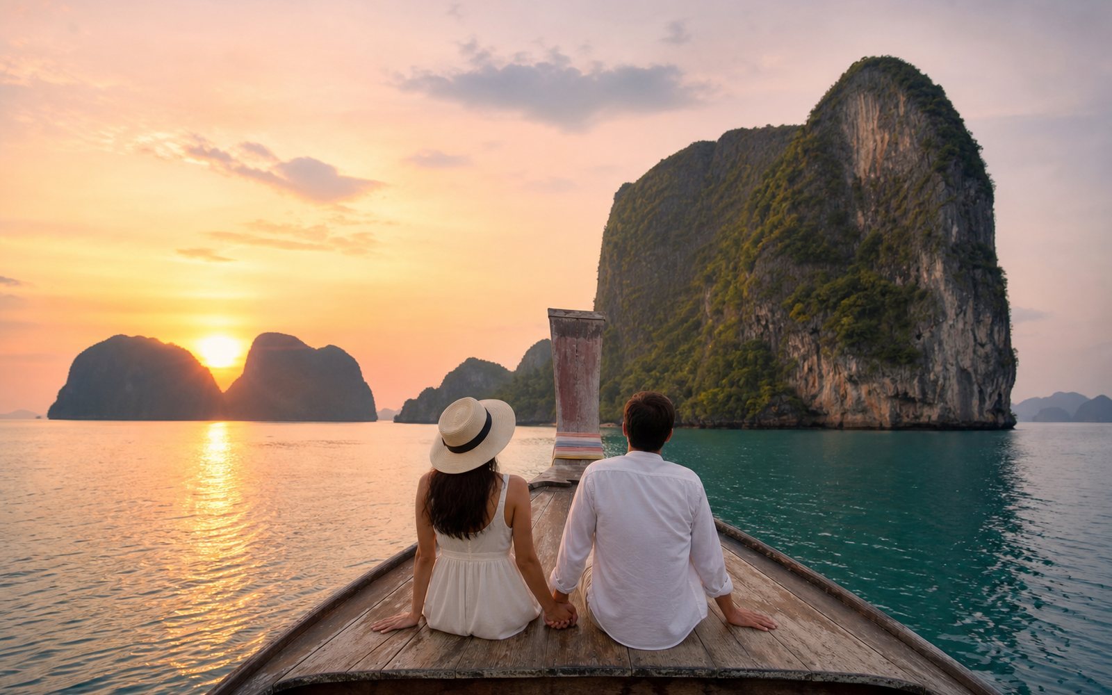 Honeymoon couple on a long-tail boat near Phuket
