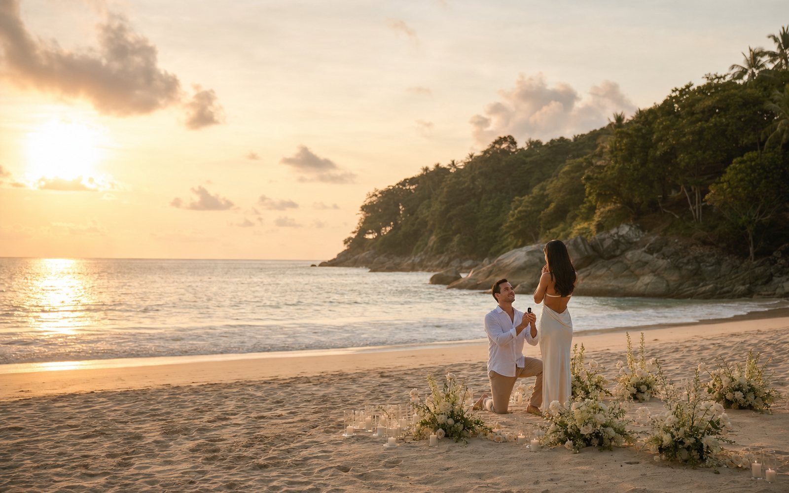 Marriage proposal on a secluded Phuket beach at sunset